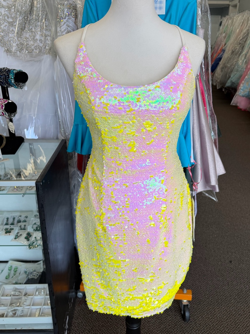 Alyce Paris Iridescent Pink and Yellow Sequin Mini Dress